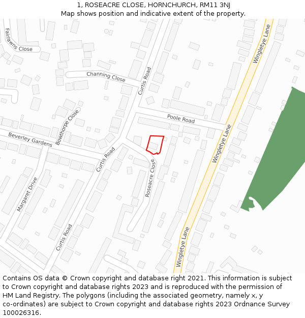 1, ROSEACRE CLOSE, HORNCHURCH, RM11 3NJ: Location map and indicative extent of plot