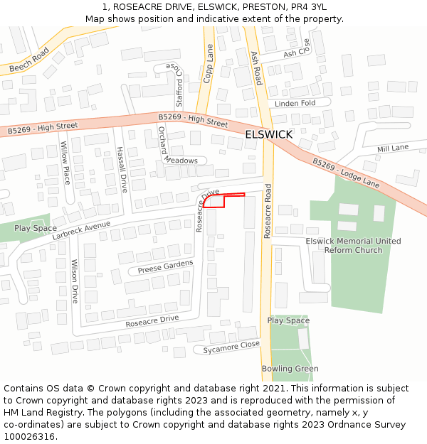 1, ROSEACRE DRIVE, ELSWICK, PRESTON, PR4 3YL: Location map and indicative extent of plot