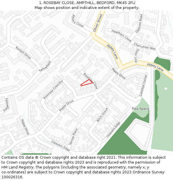 1, ROSEBAY CLOSE, AMPTHILL, BEDFORD, MK45 2FU: Location map and indicative extent of plot