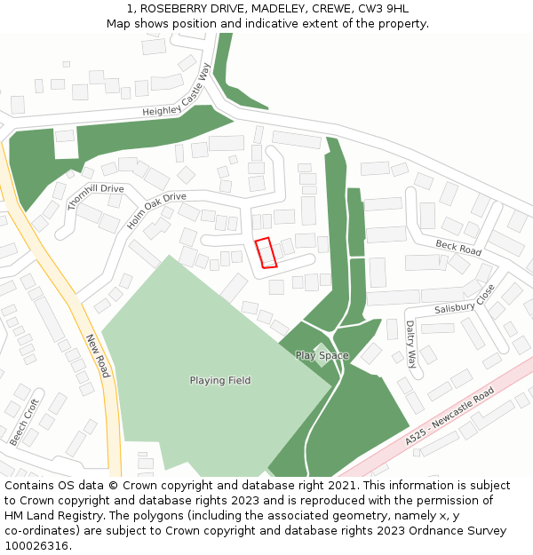 1, ROSEBERRY DRIVE, MADELEY, CREWE, CW3 9HL: Location map and indicative extent of plot