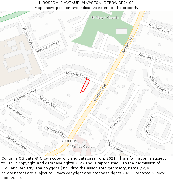 1, ROSEDALE AVENUE, ALVASTON, DERBY, DE24 0FL: Location map and indicative extent of plot