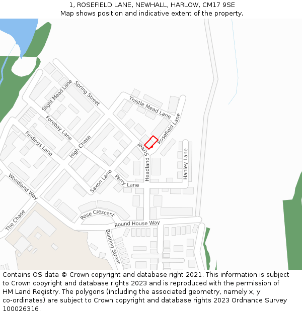 1, ROSEFIELD LANE, NEWHALL, HARLOW, CM17 9SE: Location map and indicative extent of plot