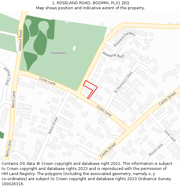1, ROSELAND ROAD, BODMIN, PL31 2EQ: Location map and indicative extent of plot