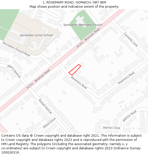 1, ROSEMARY ROAD, NORWICH, NR7 8ER: Location map and indicative extent of plot