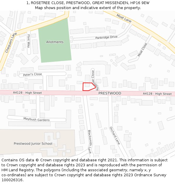 1, ROSETREE CLOSE, PRESTWOOD, GREAT MISSENDEN, HP16 9EW: Location map and indicative extent of plot