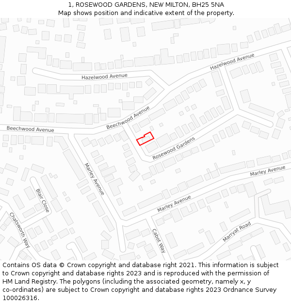 1, ROSEWOOD GARDENS, NEW MILTON, BH25 5NA: Location map and indicative extent of plot