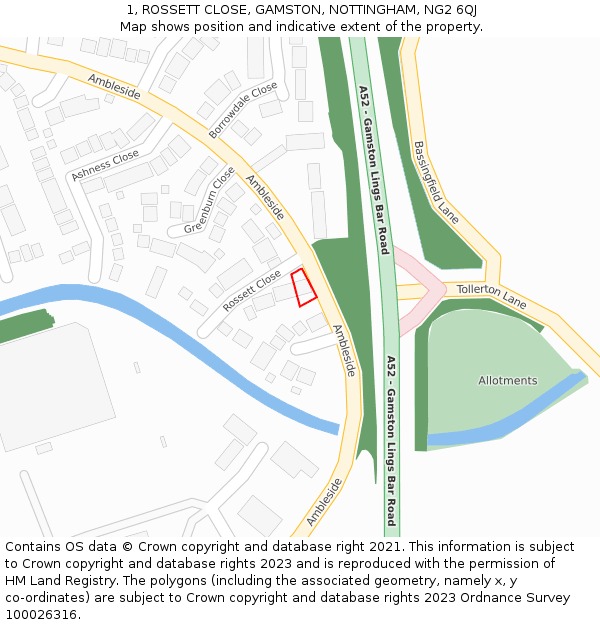 1, ROSSETT CLOSE, GAMSTON, NOTTINGHAM, NG2 6QJ: Location map and indicative extent of plot