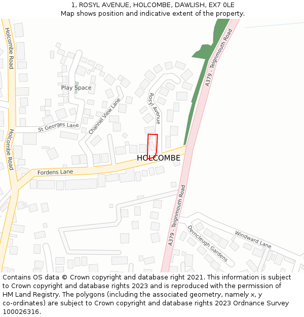 1, ROSYL AVENUE, HOLCOMBE, DAWLISH, EX7 0LE: Location map and indicative extent of plot