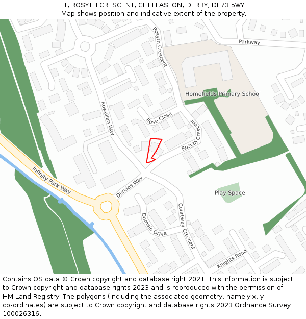 1, ROSYTH CRESCENT, CHELLASTON, DERBY, DE73 5WY: Location map and indicative extent of plot