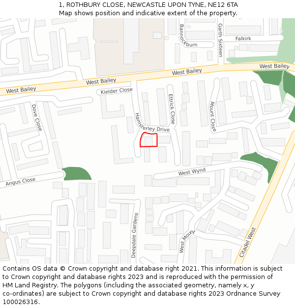 1, ROTHBURY CLOSE, NEWCASTLE UPON TYNE, NE12 6TA: Location map and indicative extent of plot