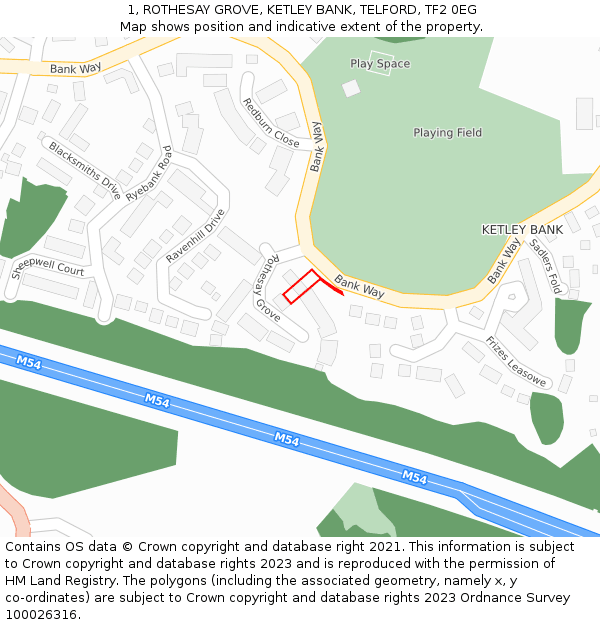 1, ROTHESAY GROVE, KETLEY BANK, TELFORD, TF2 0EG: Location map and indicative extent of plot