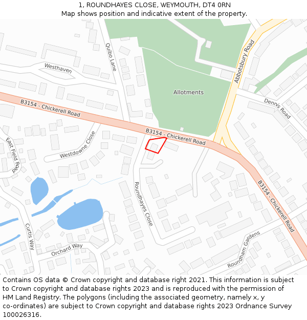 1, ROUNDHAYES CLOSE, WEYMOUTH, DT4 0RN: Location map and indicative extent of plot