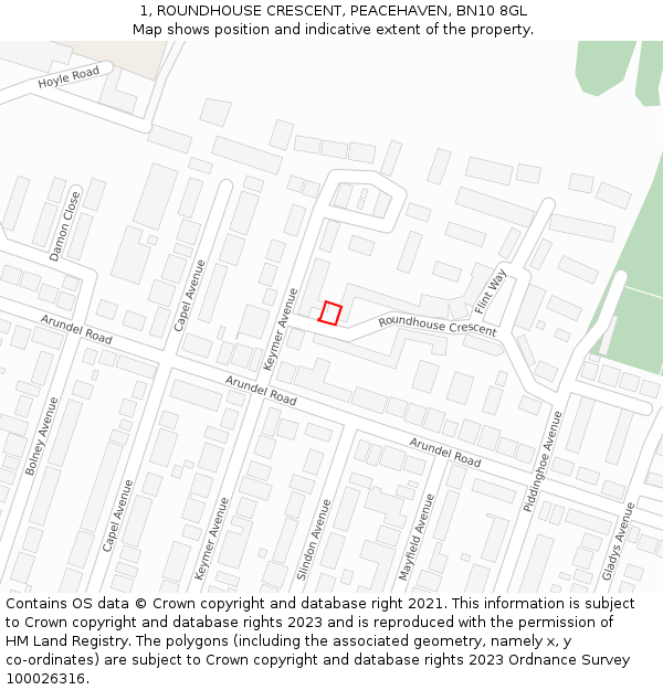 1, ROUNDHOUSE CRESCENT, PEACEHAVEN, BN10 8GL: Location map and indicative extent of plot