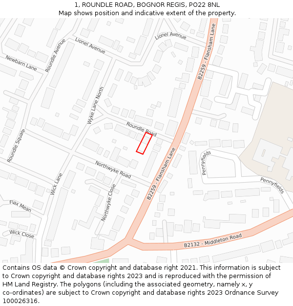 1, ROUNDLE ROAD, BOGNOR REGIS, PO22 8NL: Location map and indicative extent of plot