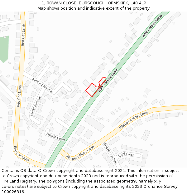 1, ROWAN CLOSE, BURSCOUGH, ORMSKIRK, L40 4LP: Location map and indicative extent of plot