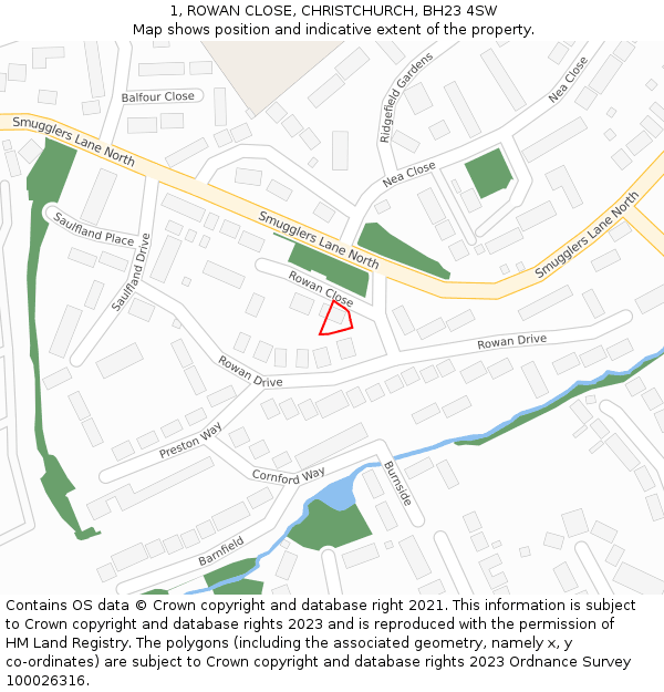 1, ROWAN CLOSE, CHRISTCHURCH, BH23 4SW: Location map and indicative extent of plot