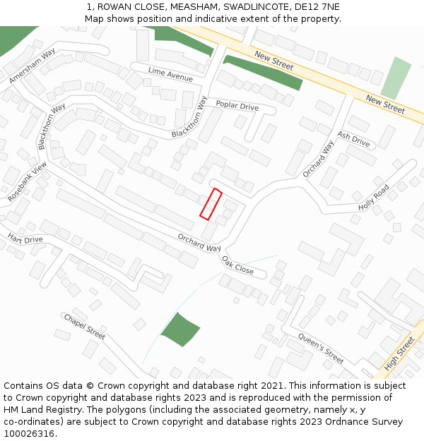 1, ROWAN CLOSE, MEASHAM, SWADLINCOTE, DE12 7NE: Location map and indicative extent of plot