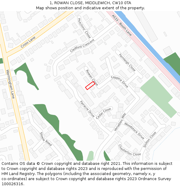 1, ROWAN CLOSE, MIDDLEWICH, CW10 0TA: Location map and indicative extent of plot