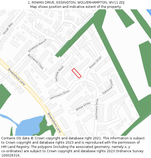 1, ROWAN DRIVE, ESSINGTON, WOLVERHAMPTON, WV11 2DJ: Location map and indicative extent of plot