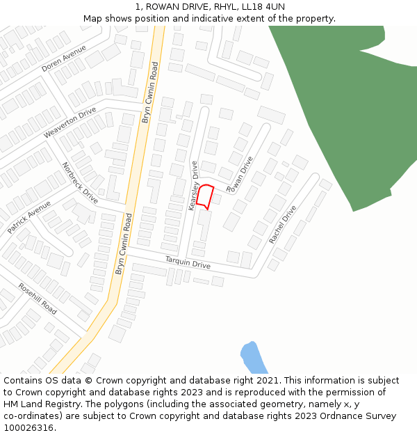 1, ROWAN DRIVE, RHYL, LL18 4UN: Location map and indicative extent of plot