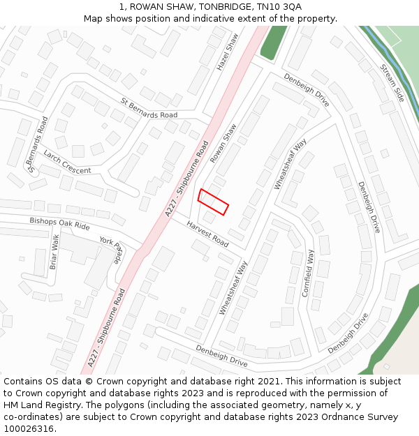 1, ROWAN SHAW, TONBRIDGE, TN10 3QA: Location map and indicative extent of plot
