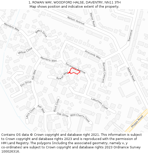 1, ROWAN WAY, WOODFORD HALSE, DAVENTRY, NN11 3TH: Location map and indicative extent of plot