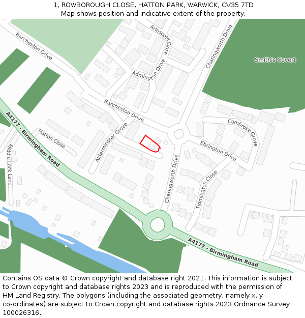 1, ROWBOROUGH CLOSE, HATTON PARK, WARWICK, CV35 7TD: Location map and indicative extent of plot