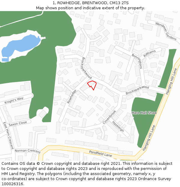 1, ROWHEDGE, BRENTWOOD, CM13 2TS: Location map and indicative extent of plot