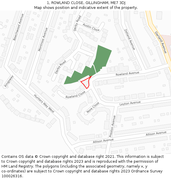 1, ROWLAND CLOSE, GILLINGHAM, ME7 3DJ: Location map and indicative extent of plot