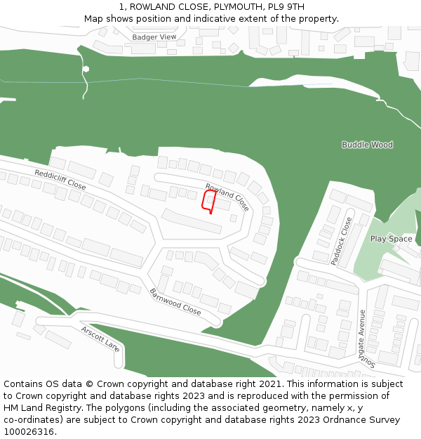 1, ROWLAND CLOSE, PLYMOUTH, PL9 9TH: Location map and indicative extent of plot