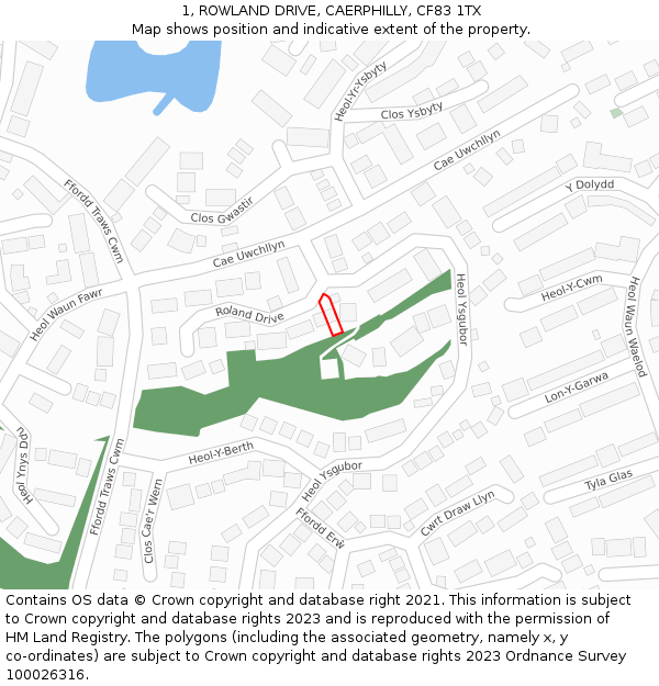 1, ROWLAND DRIVE, CAERPHILLY, CF83 1TX: Location map and indicative extent of plot