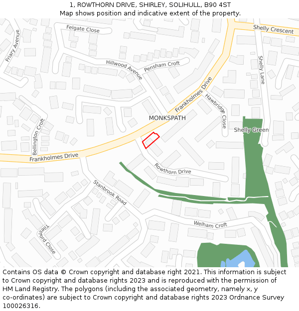 1, ROWTHORN DRIVE, SHIRLEY, SOLIHULL, B90 4ST: Location map and indicative extent of plot