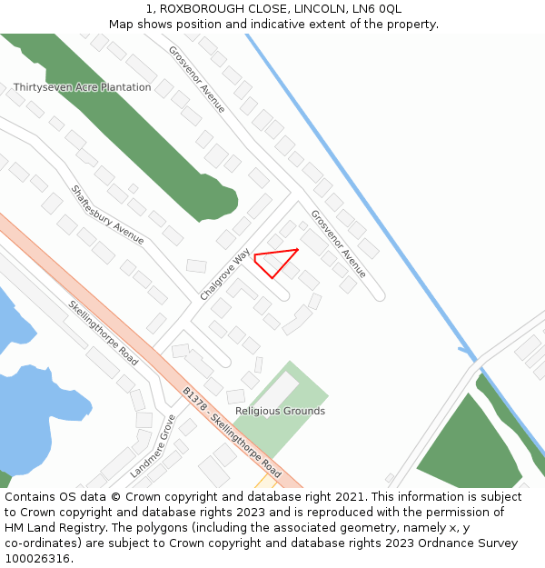 1, ROXBOROUGH CLOSE, LINCOLN, LN6 0QL: Location map and indicative extent of plot