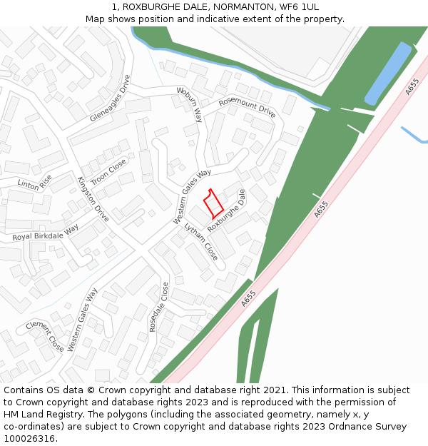 1, ROXBURGHE DALE, NORMANTON, WF6 1UL: Location map and indicative extent of plot