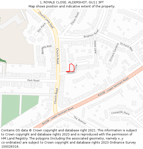 1, ROYALE CLOSE, ALDERSHOT, GU11 3PT: Location map and indicative extent of plot