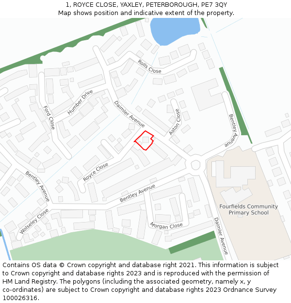 1, ROYCE CLOSE, YAXLEY, PETERBOROUGH, PE7 3QY: Location map and indicative extent of plot