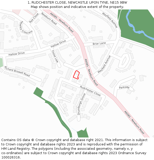 1, RUDCHESTER CLOSE, NEWCASTLE UPON TYNE, NE15 9BW: Location map and indicative extent of plot