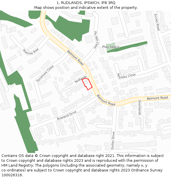 1, RUDLANDS, IPSWICH, IP8 3RQ: Location map and indicative extent of plot