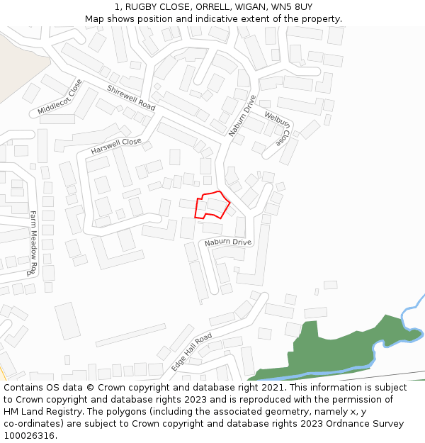 1, RUGBY CLOSE, ORRELL, WIGAN, WN5 8UY: Location map and indicative extent of plot