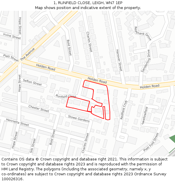 1, RUNFIELD CLOSE, LEIGH, WN7 1EP: Location map and indicative extent of plot