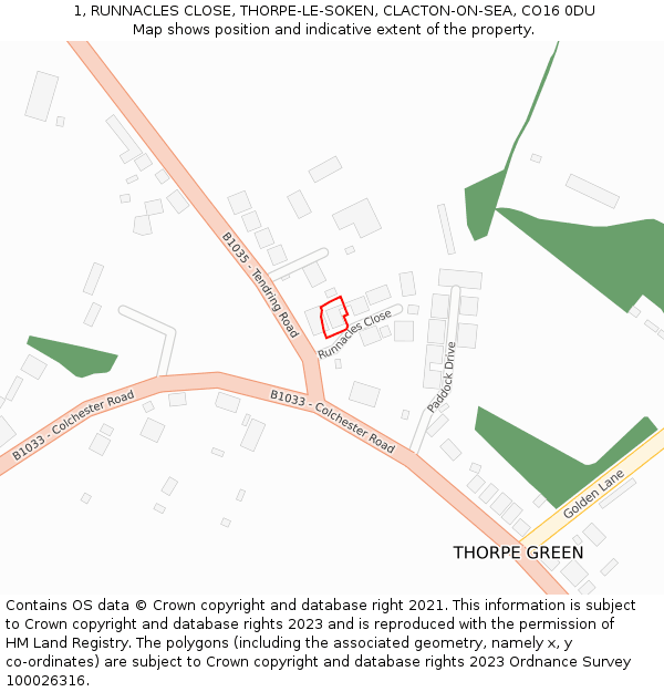 1, RUNNACLES CLOSE, THORPE-LE-SOKEN, CLACTON-ON-SEA, CO16 0DU: Location map and indicative extent of plot