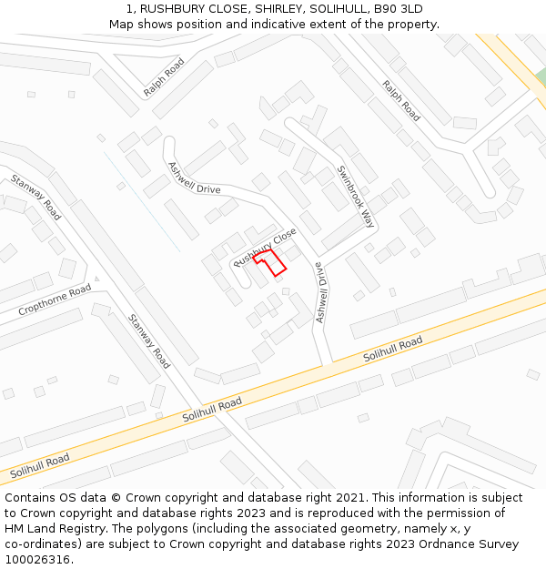 1, RUSHBURY CLOSE, SHIRLEY, SOLIHULL, B90 3LD: Location map and indicative extent of plot