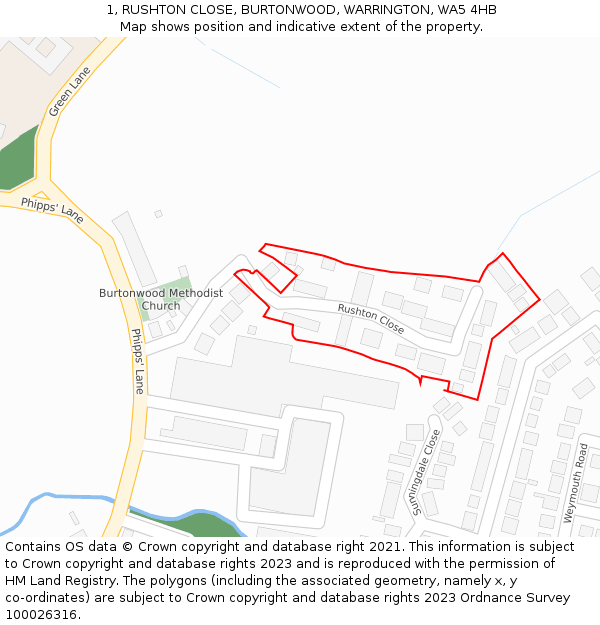 1, RUSHTON CLOSE, BURTONWOOD, WARRINGTON, WA5 4HB: Location map and indicative extent of plot