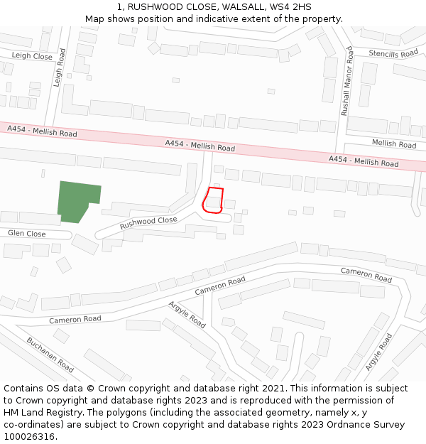 1, RUSHWOOD CLOSE, WALSALL, WS4 2HS: Location map and indicative extent of plot