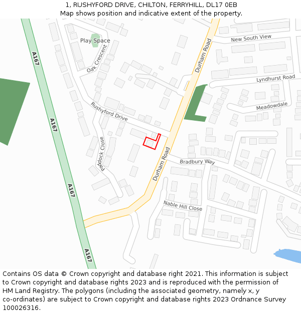 1, RUSHYFORD DRIVE, CHILTON, FERRYHILL, DL17 0EB: Location map and indicative extent of plot