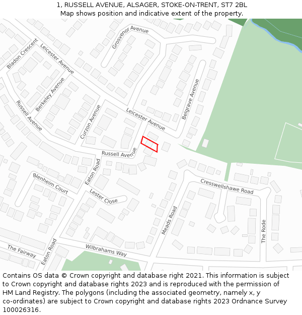 1, RUSSELL AVENUE, ALSAGER, STOKE-ON-TRENT, ST7 2BL: Location map and indicative extent of plot