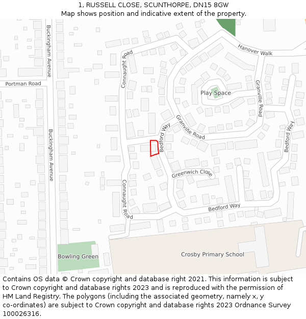 1, RUSSELL CLOSE, SCUNTHORPE, DN15 8GW: Location map and indicative extent of plot