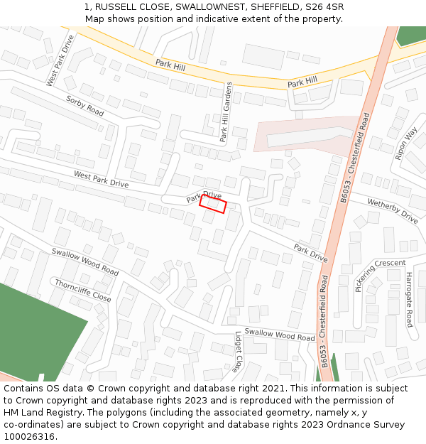 1, RUSSELL CLOSE, SWALLOWNEST, SHEFFIELD, S26 4SR: Location map and indicative extent of plot