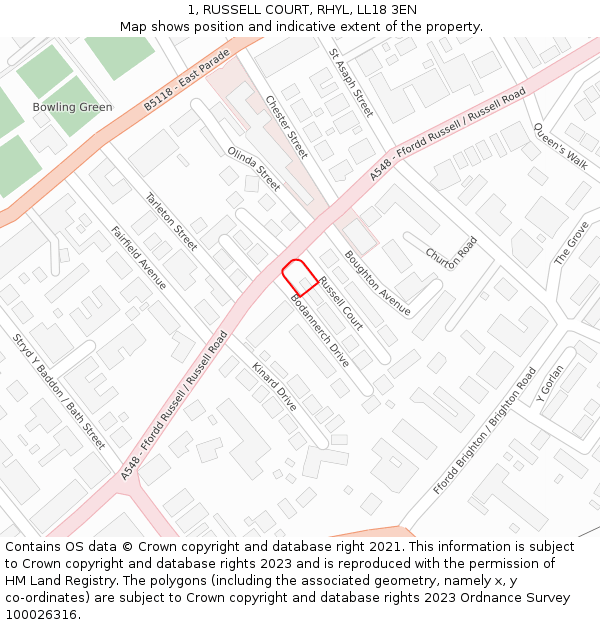 1, RUSSELL COURT, RHYL, LL18 3EN: Location map and indicative extent of plot