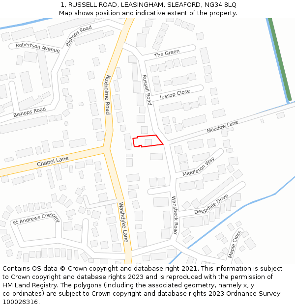 1, RUSSELL ROAD, LEASINGHAM, SLEAFORD, NG34 8LQ: Location map and indicative extent of plot